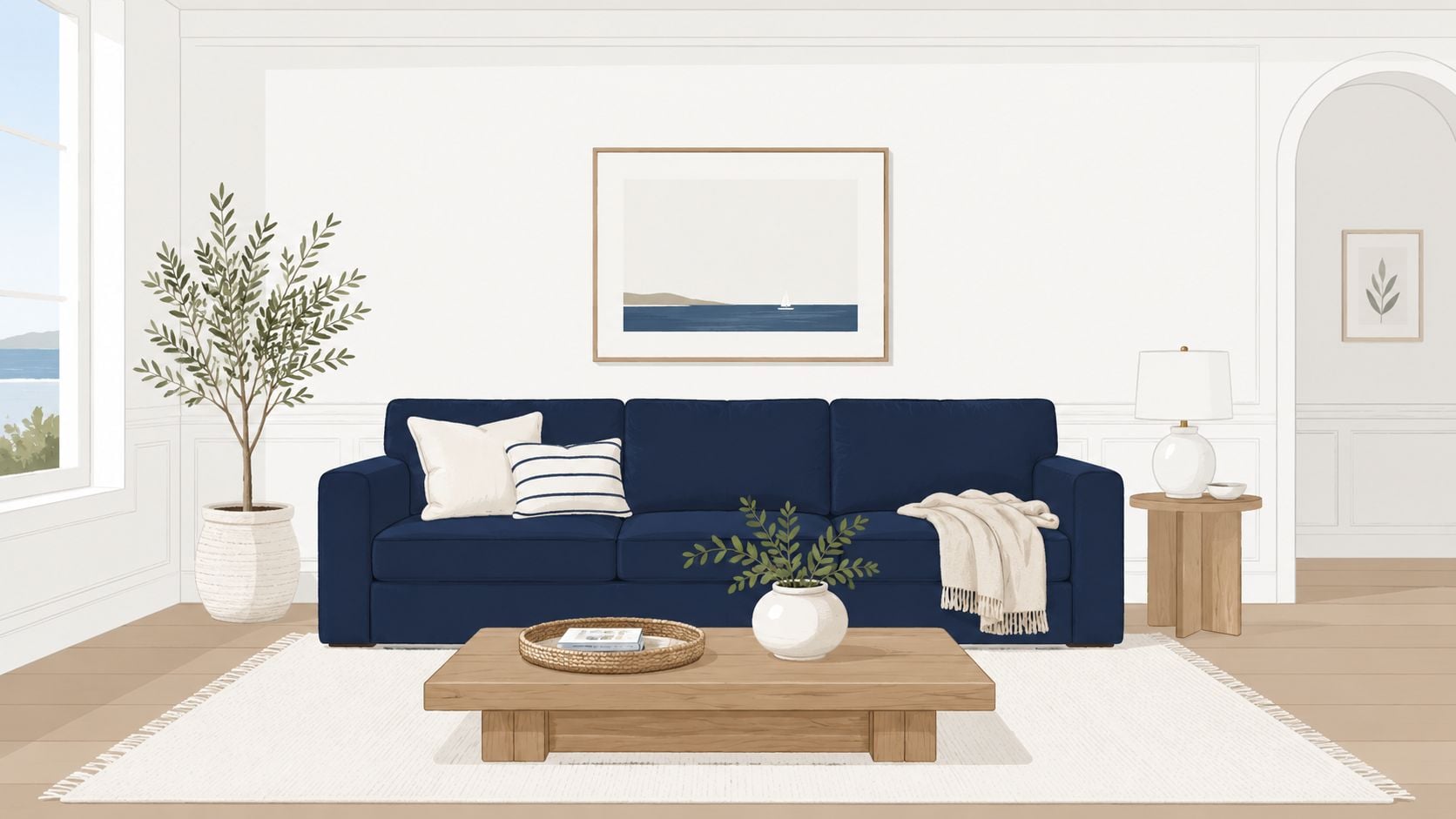 A modern living room with a navy blue sofa and neutral decor, showing effective color combinations.
