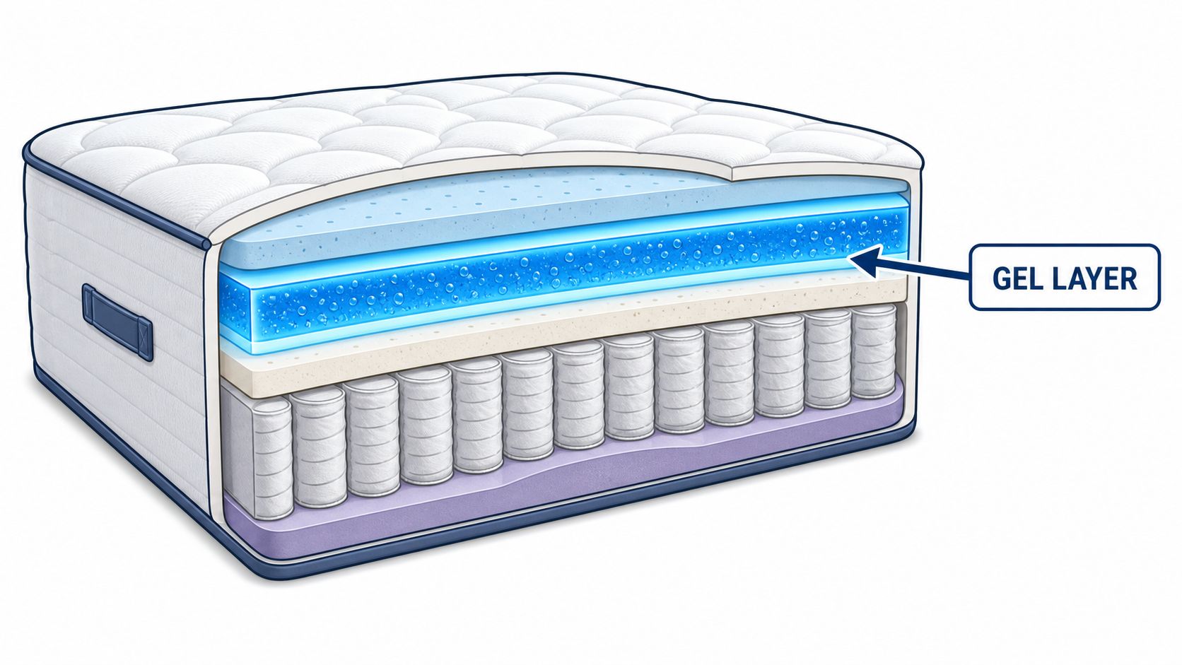 A cross-section illustration of a hybrid cooling gel mattress showing its interior foam and coil layers.