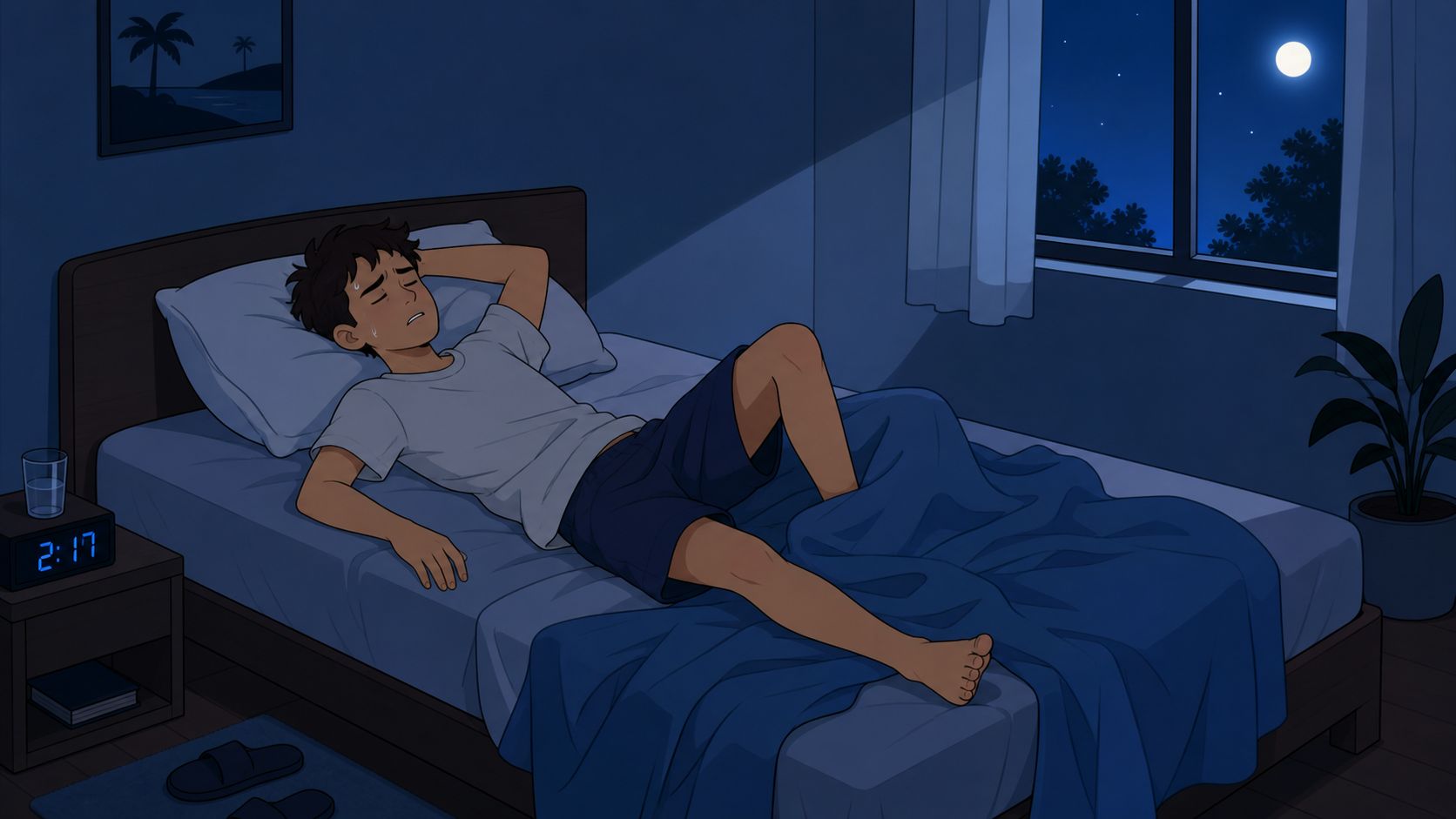 A young man sweating and struggling to sleep in a warm bedroom during the night.