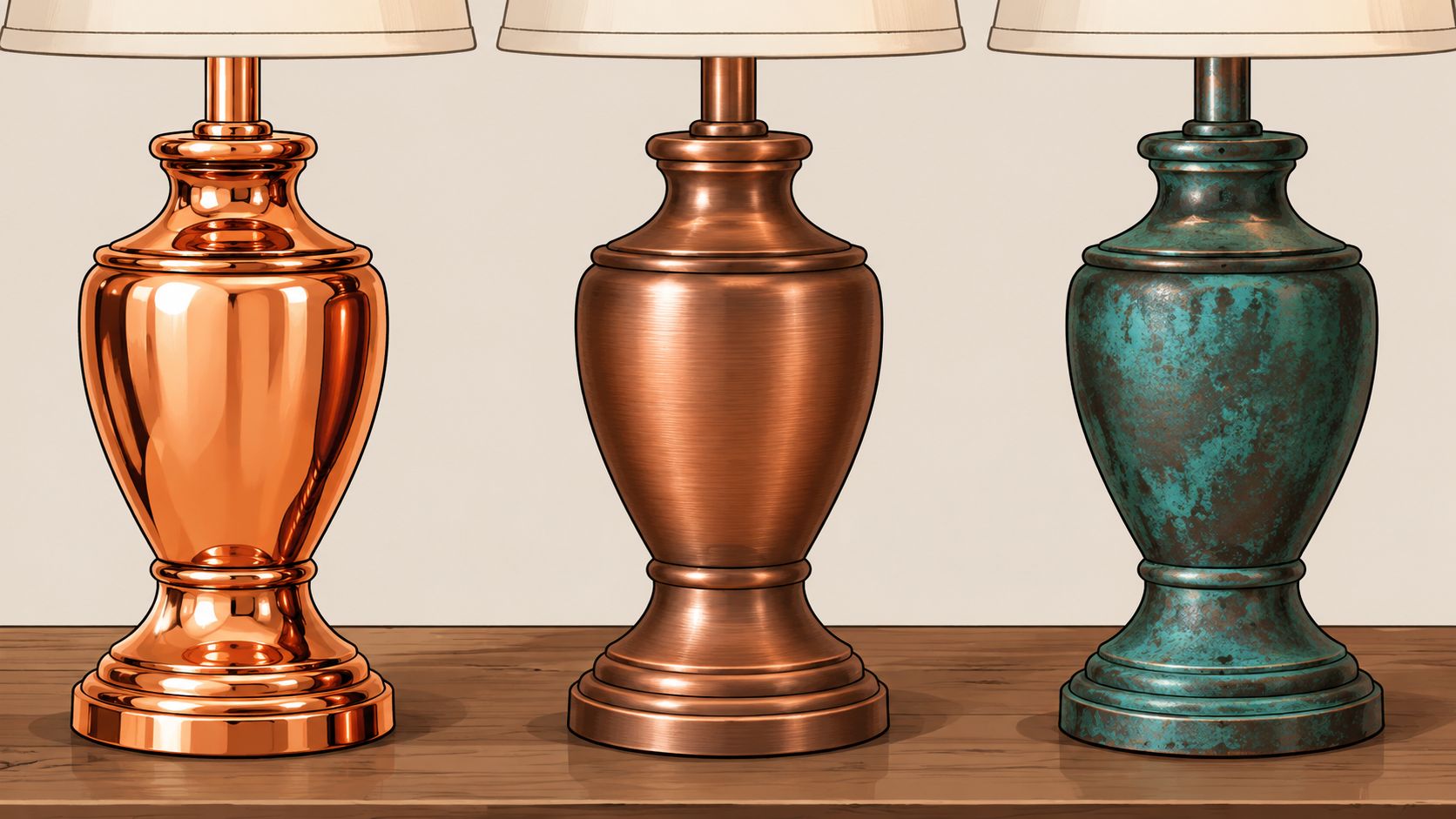 Three decorative table lamps with varying finishes standing on a wooden surface against a neutral background.