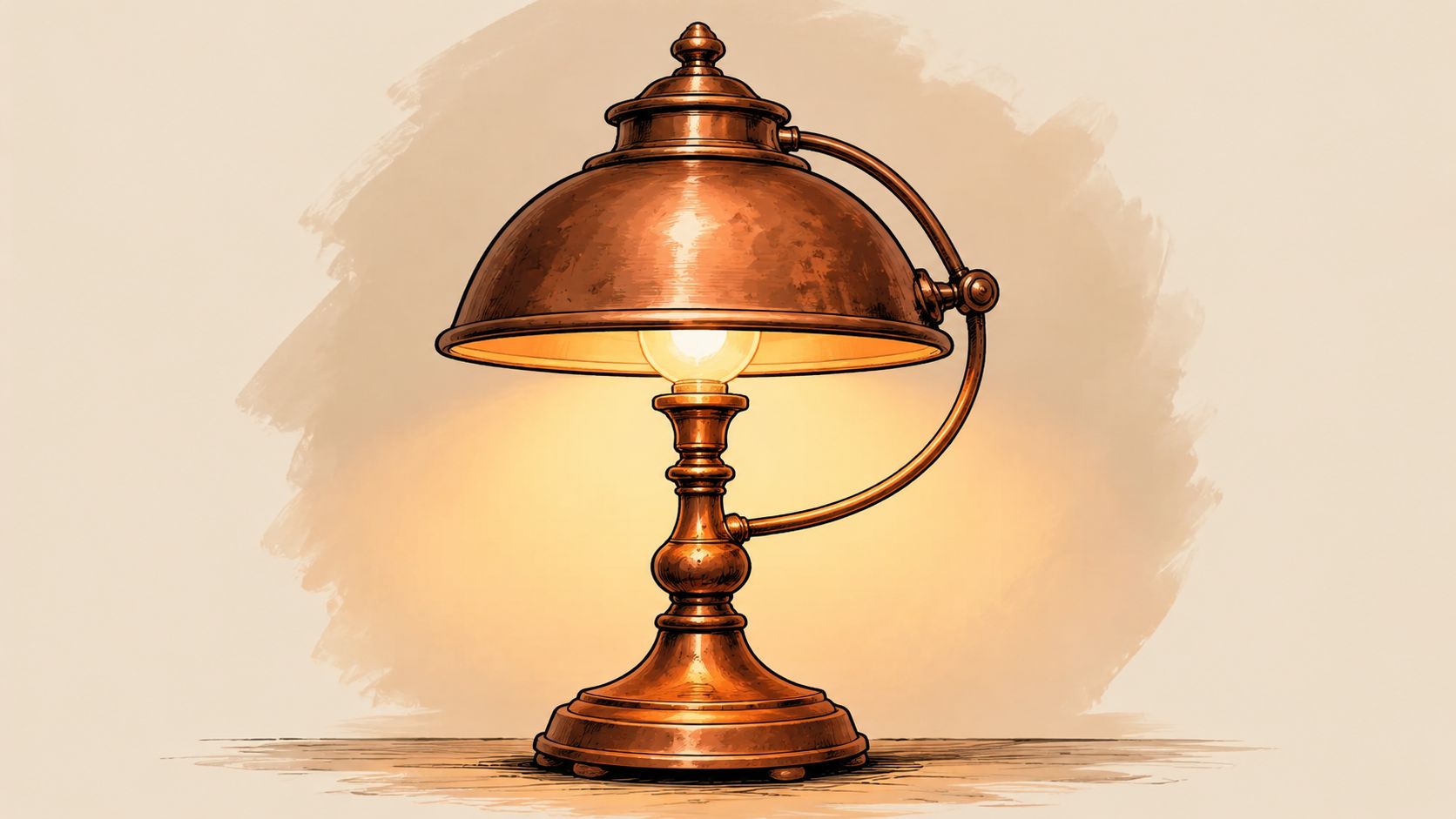 An elegant vintage copper table lamp with a glowing light bulb sitting on a wooden surface.
