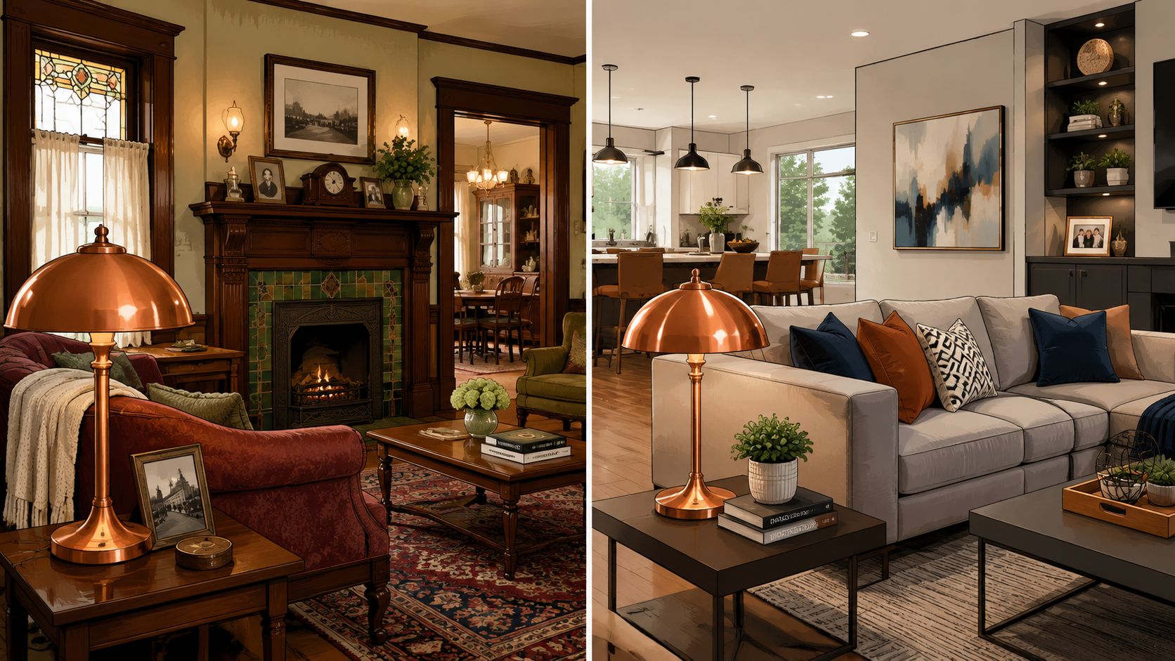 A comparison showing a vintage living room and a modern interior both featuring stylish copper table lamps.