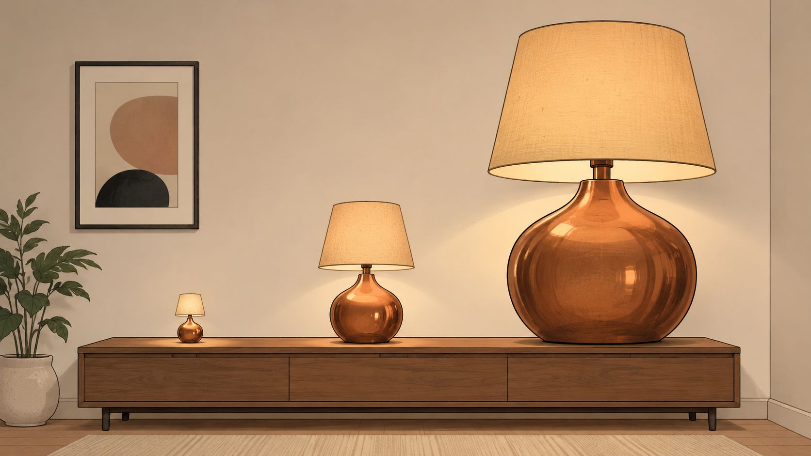 Three copper table lamps of varying sizes displayed on a wooden sideboard in a minimalist room.
