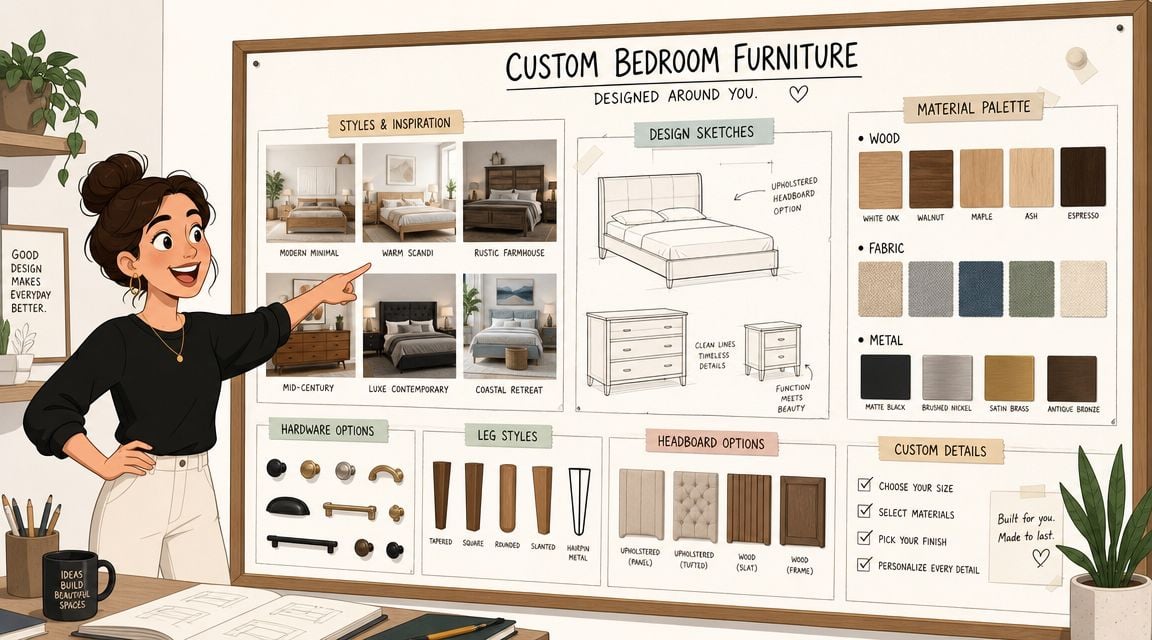 A woman pointing at a custom bedroom furniture design board featuring styles, materials, and hardware options.