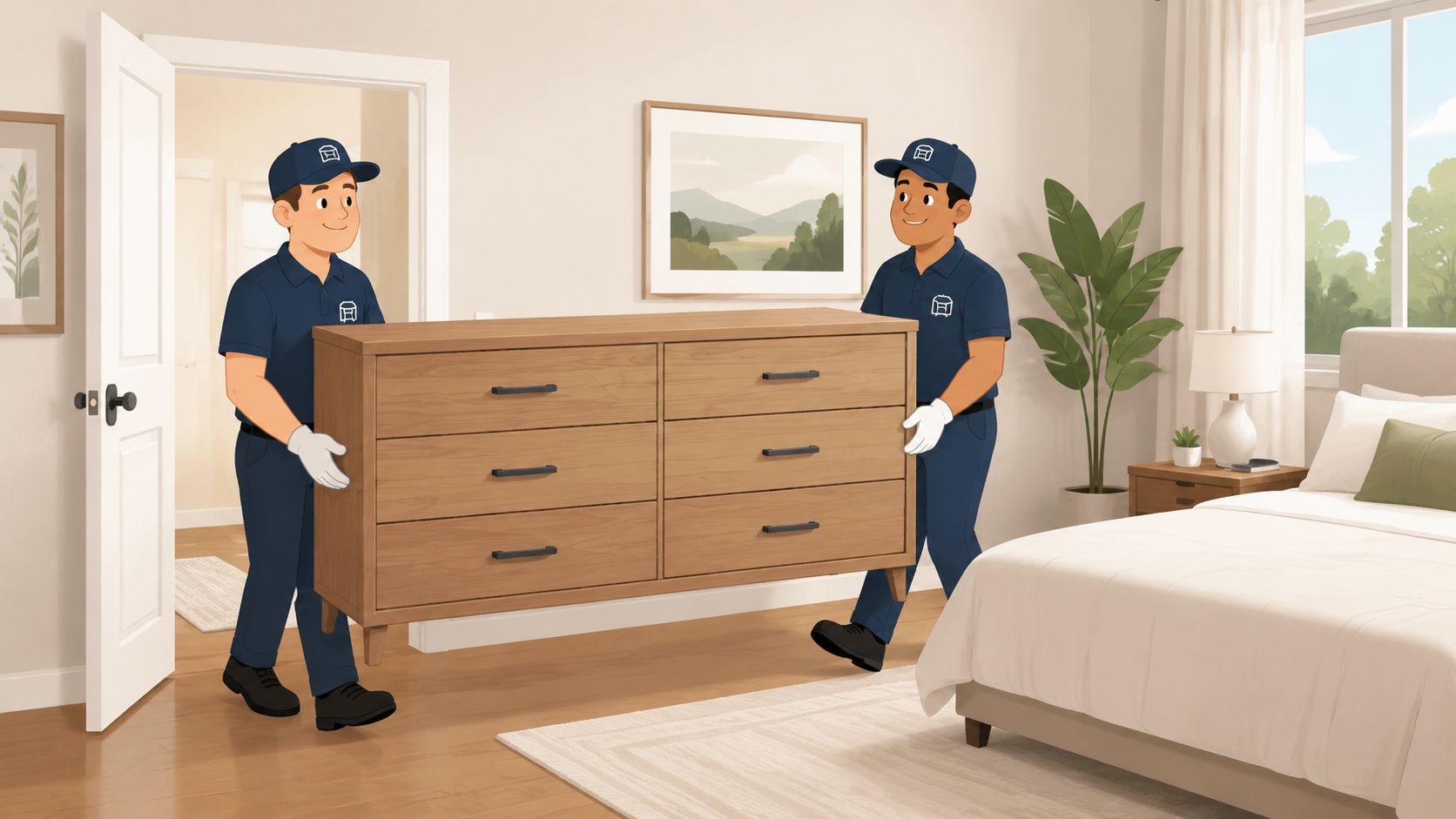 Two professional movers in uniform carrying a large wooden dresser into a modern bedroom interior.
