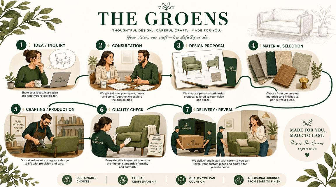 An infographic detailing the seven-step custom furniture creation process from inquiry to final home delivery by The Groens.