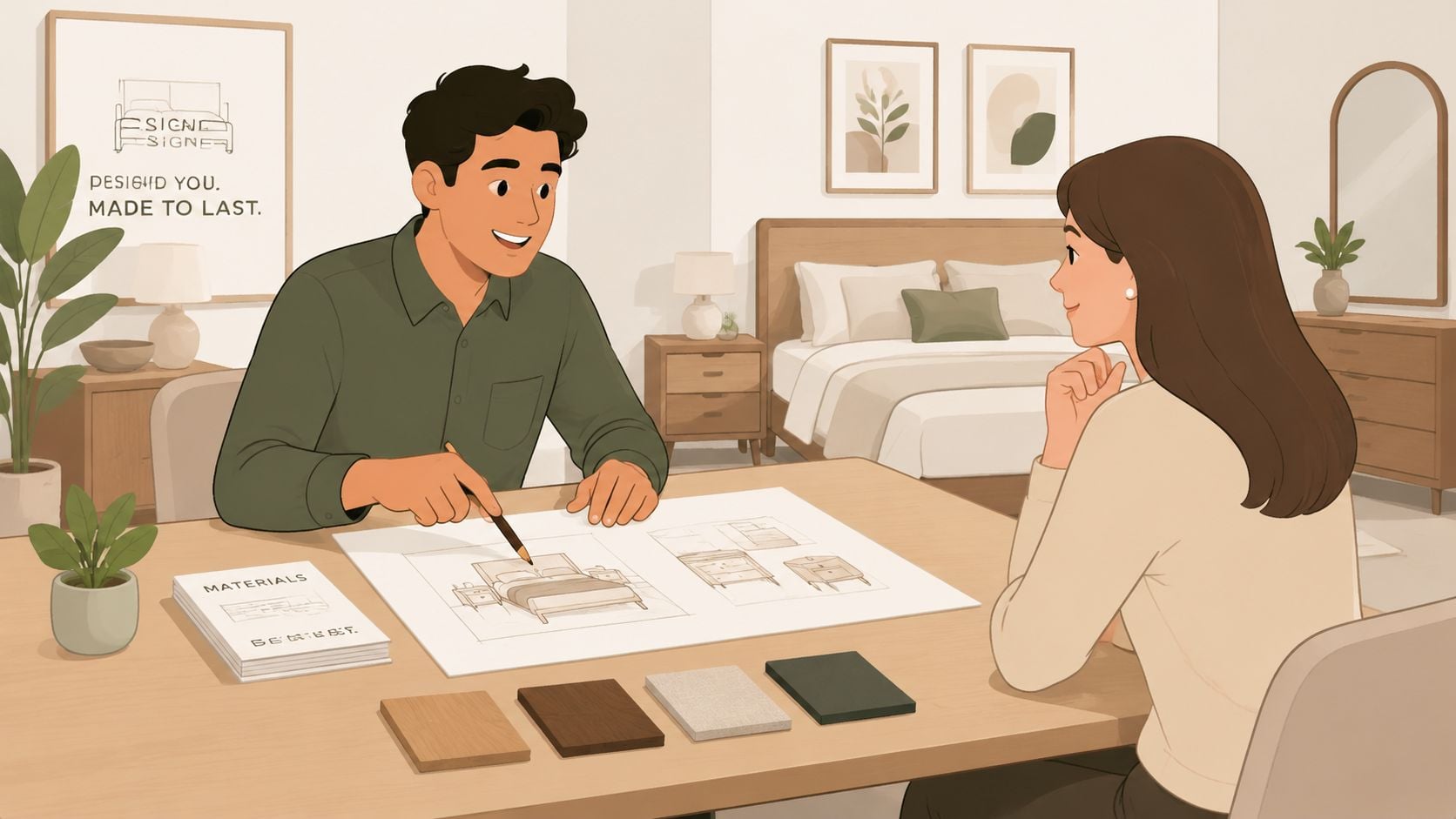 A professional interior designer discussing custom bedroom furniture sketches with a client in a modern design studio.