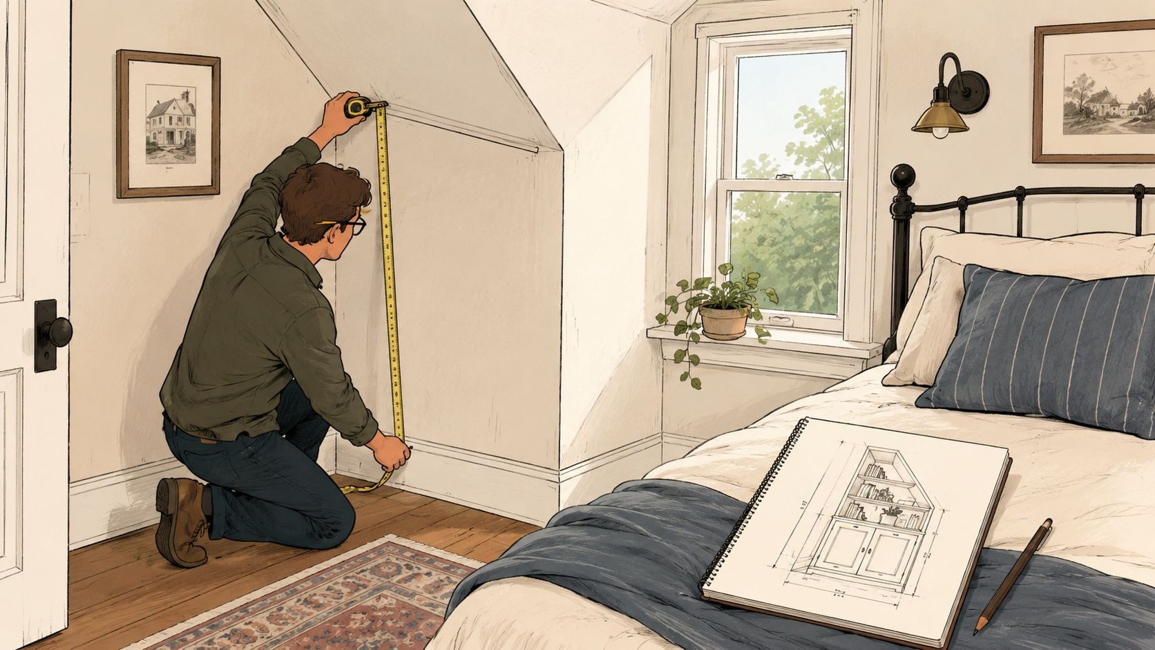 A person kneeling to measure the wall in a cozy bedroom to plan custom furniture installation.