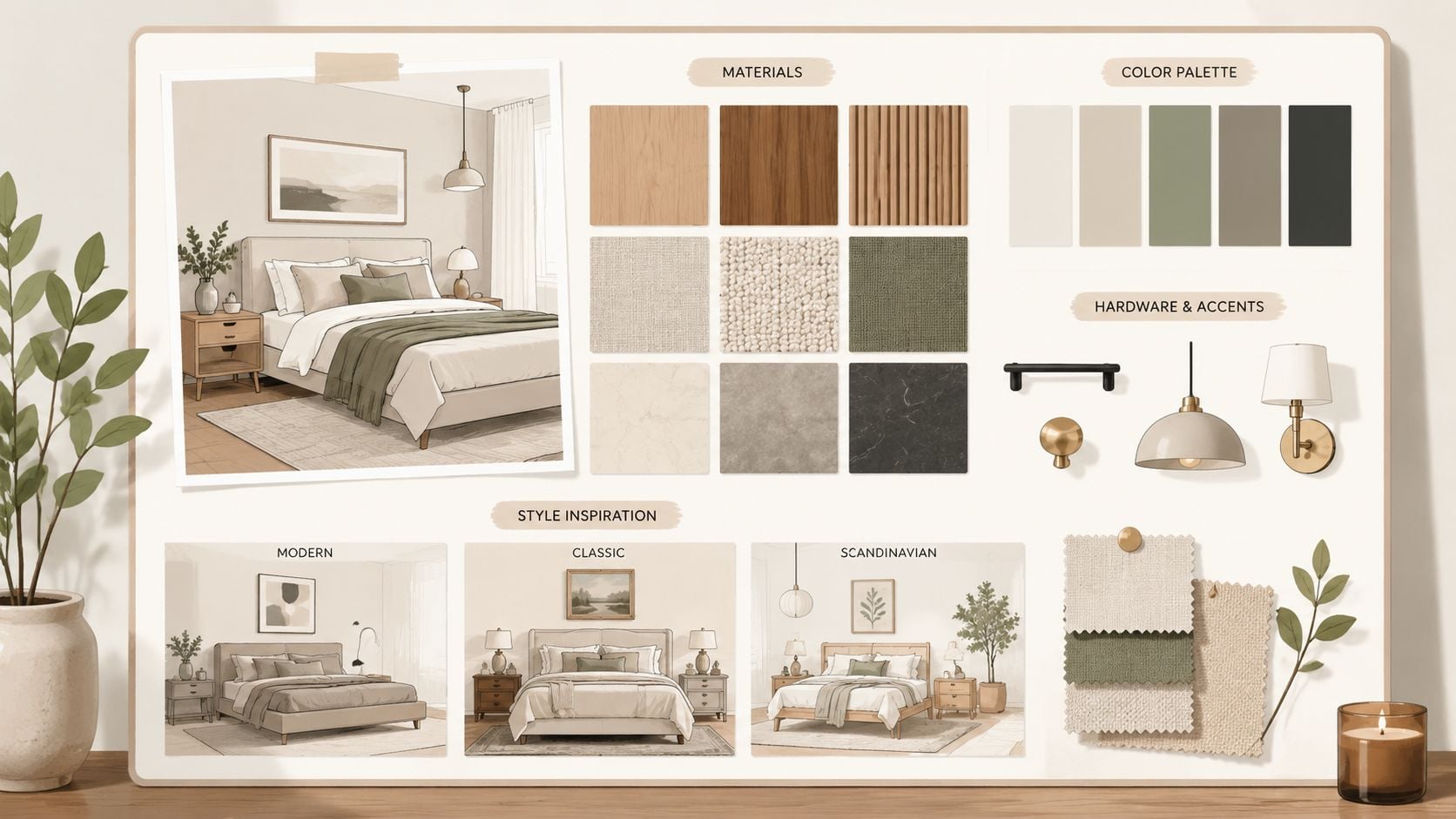A interior design mood board for a bedroom featuring neutral colors, natural textures, and modern furniture styles.