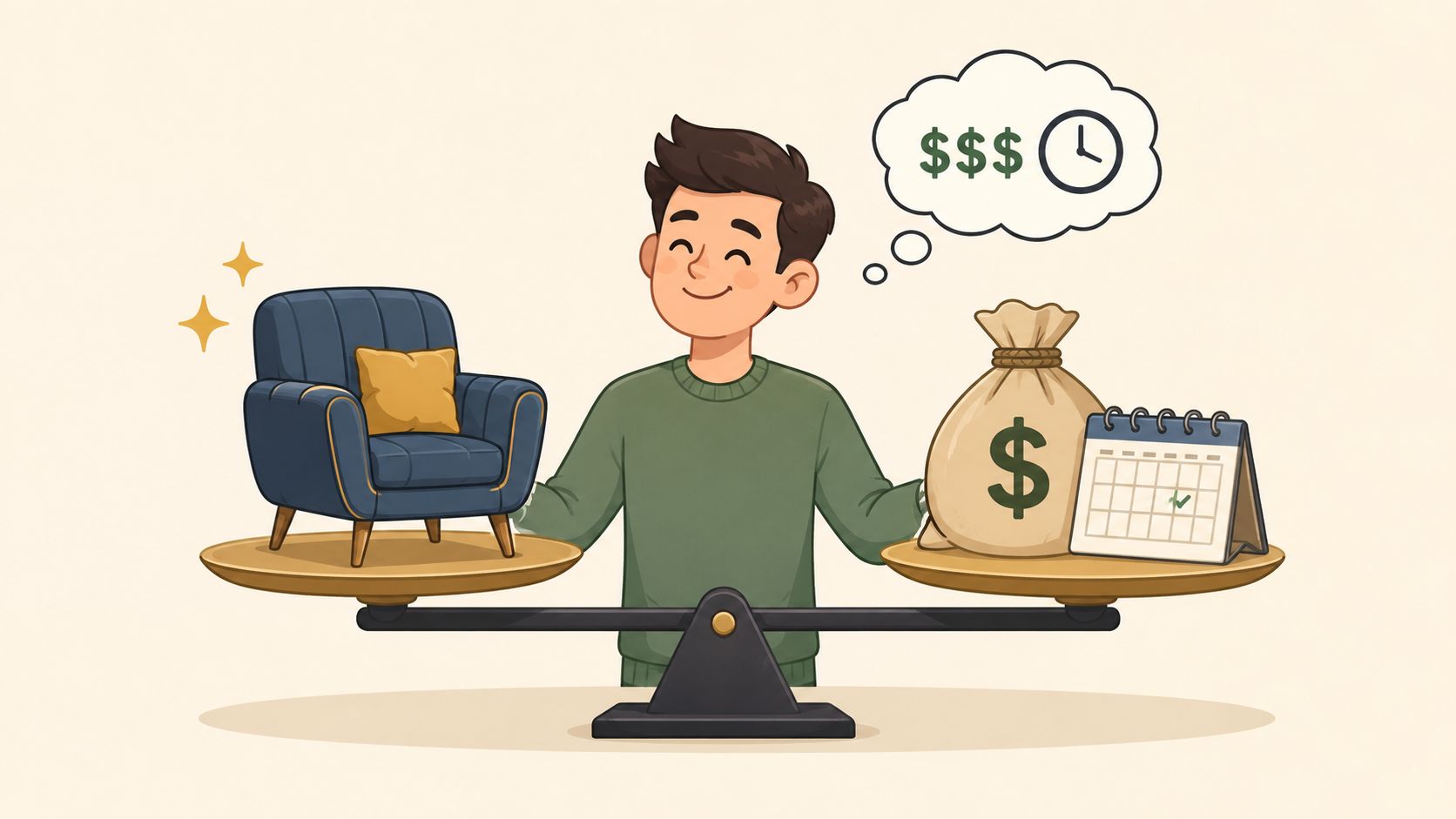 A man balancing a blue armchair on a scale against money and a calendar in a conceptual illustration.