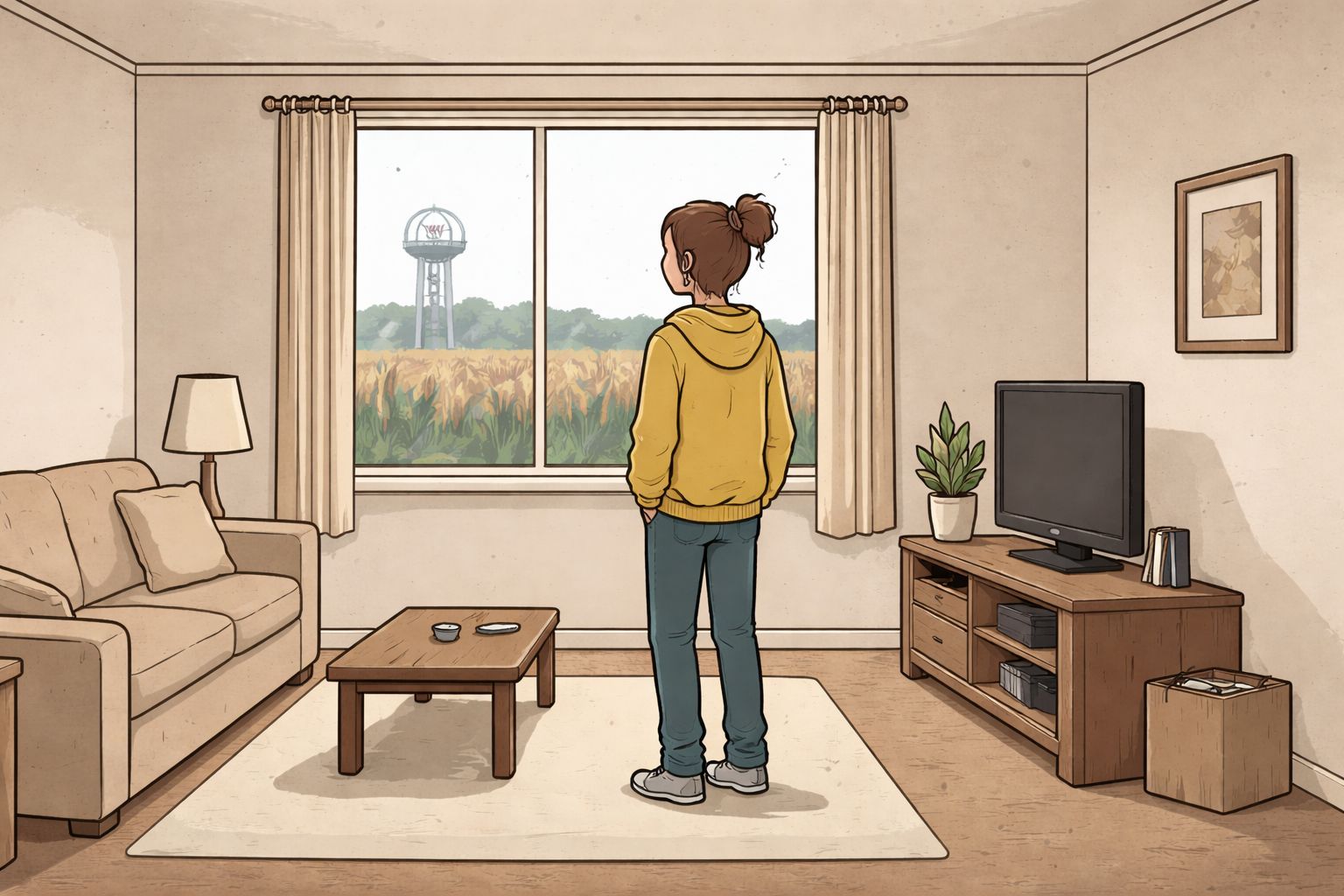 A girl standing in a cozy living room, looking out the window at a rural field scene.