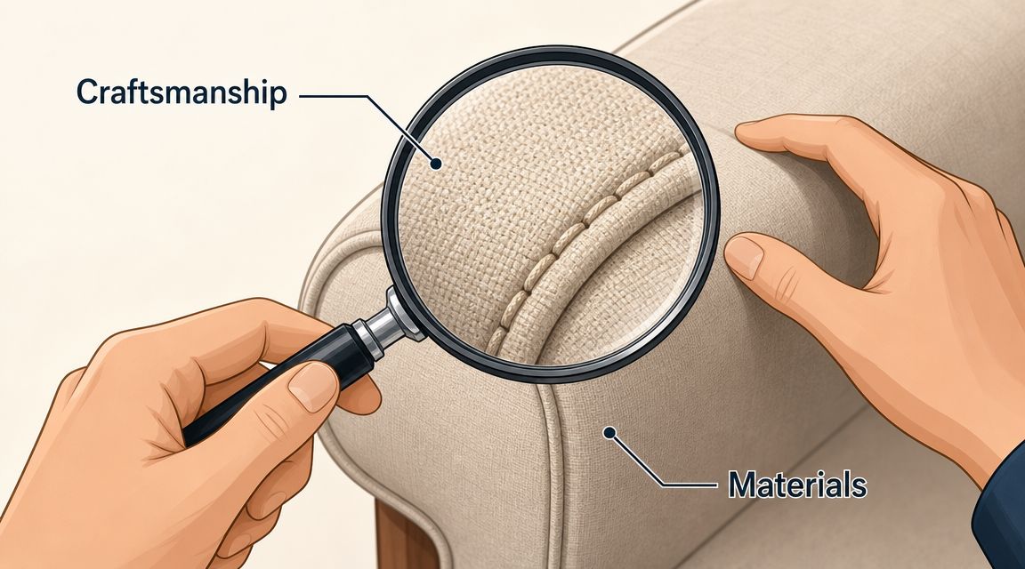 A magnifying glass inspecting the high-quality fabric stitching and construction of custom upholstered furniture.
