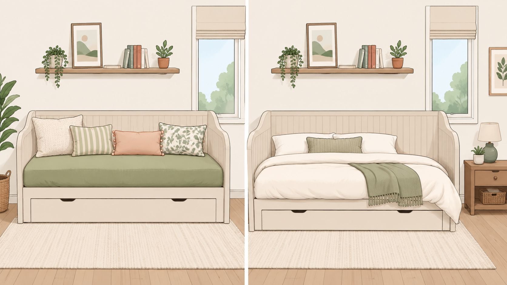 A split image showing a daybed with storage used as a cozy sofa and as a bed.
