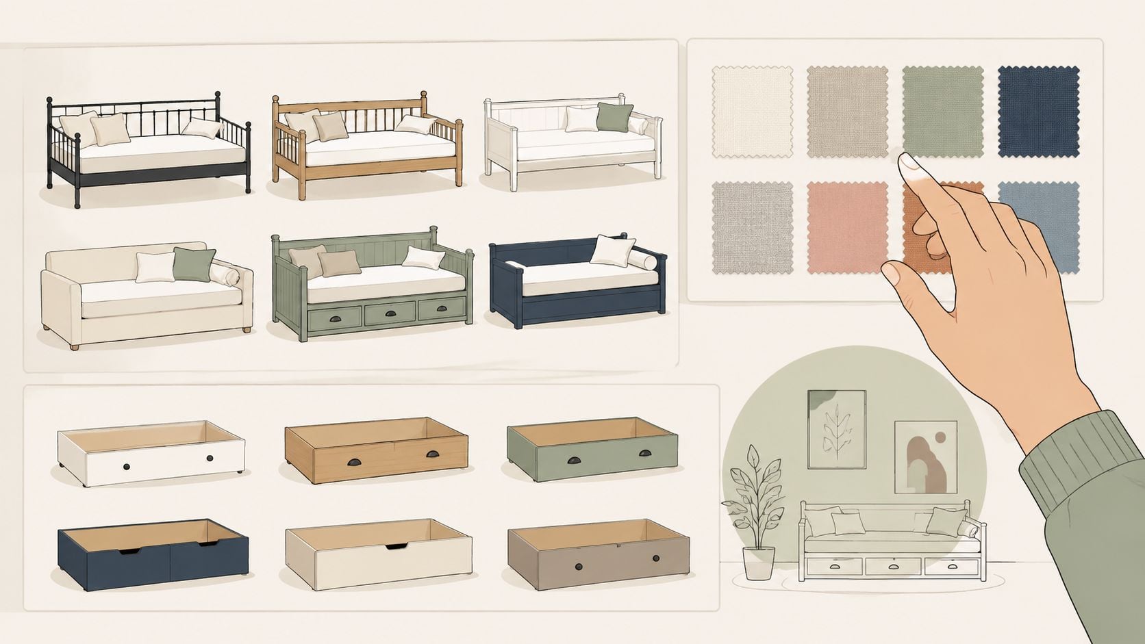 An illustration showing various daybed designs, storage drawers, fabric swatches, and a hand choosing a color.