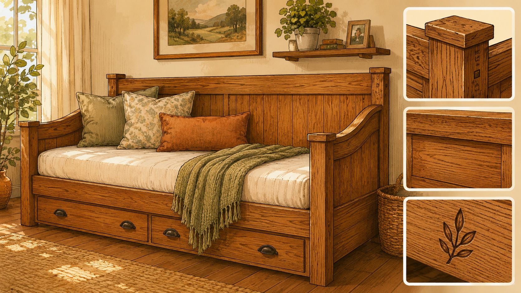 A rustic wooden daybed with storage drawers underneath, featuring soft bedding and throw pillows in a cozy room.
