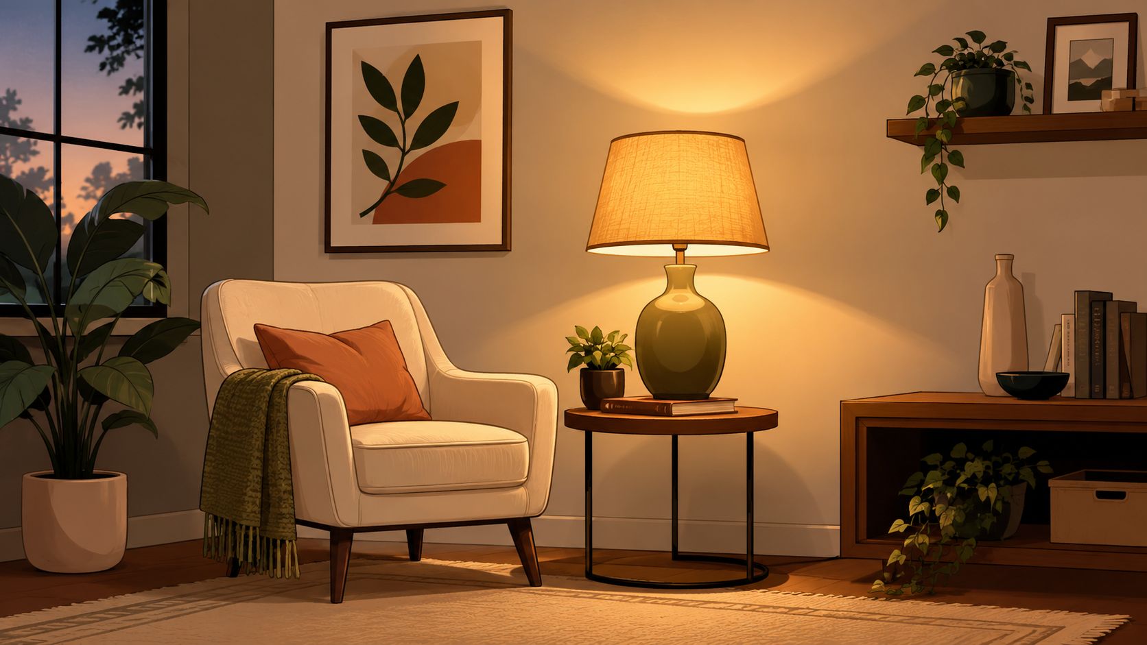A cozy reading nook featuring an armchair with a warm lamp shade casting soft golden light.