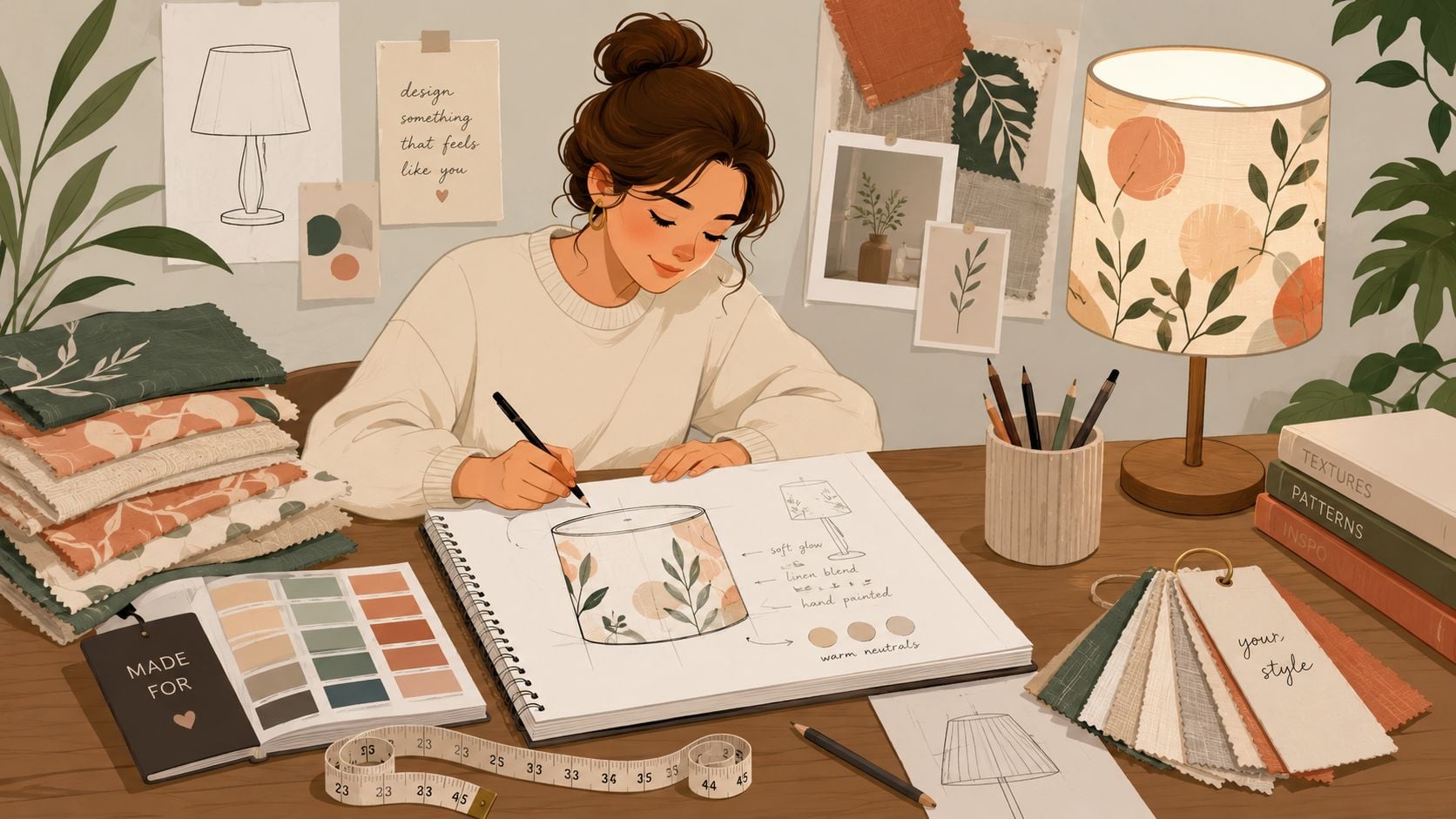 A creative interior designer sketching a lampshade design at a wooden desk filled with fabric swatches.