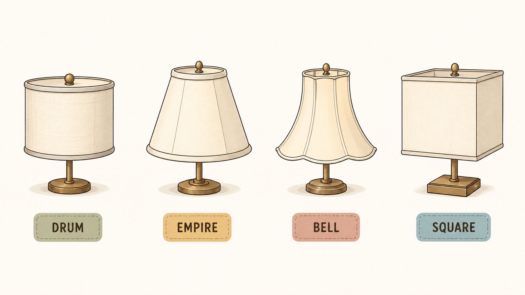 A diagram illustrating four different styles of lamp shades labeled drum, empire, bell, and square.