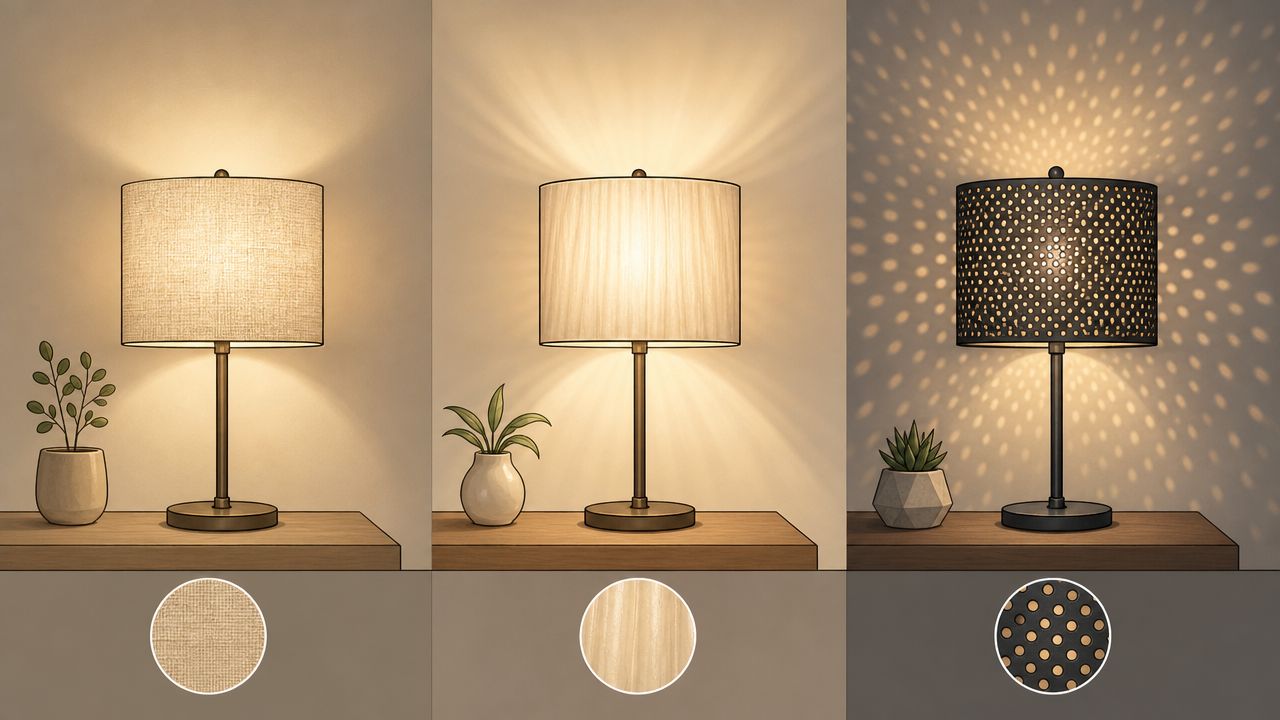 Three different styles of table lamps with unique lamp shades shown on a wooden surface.