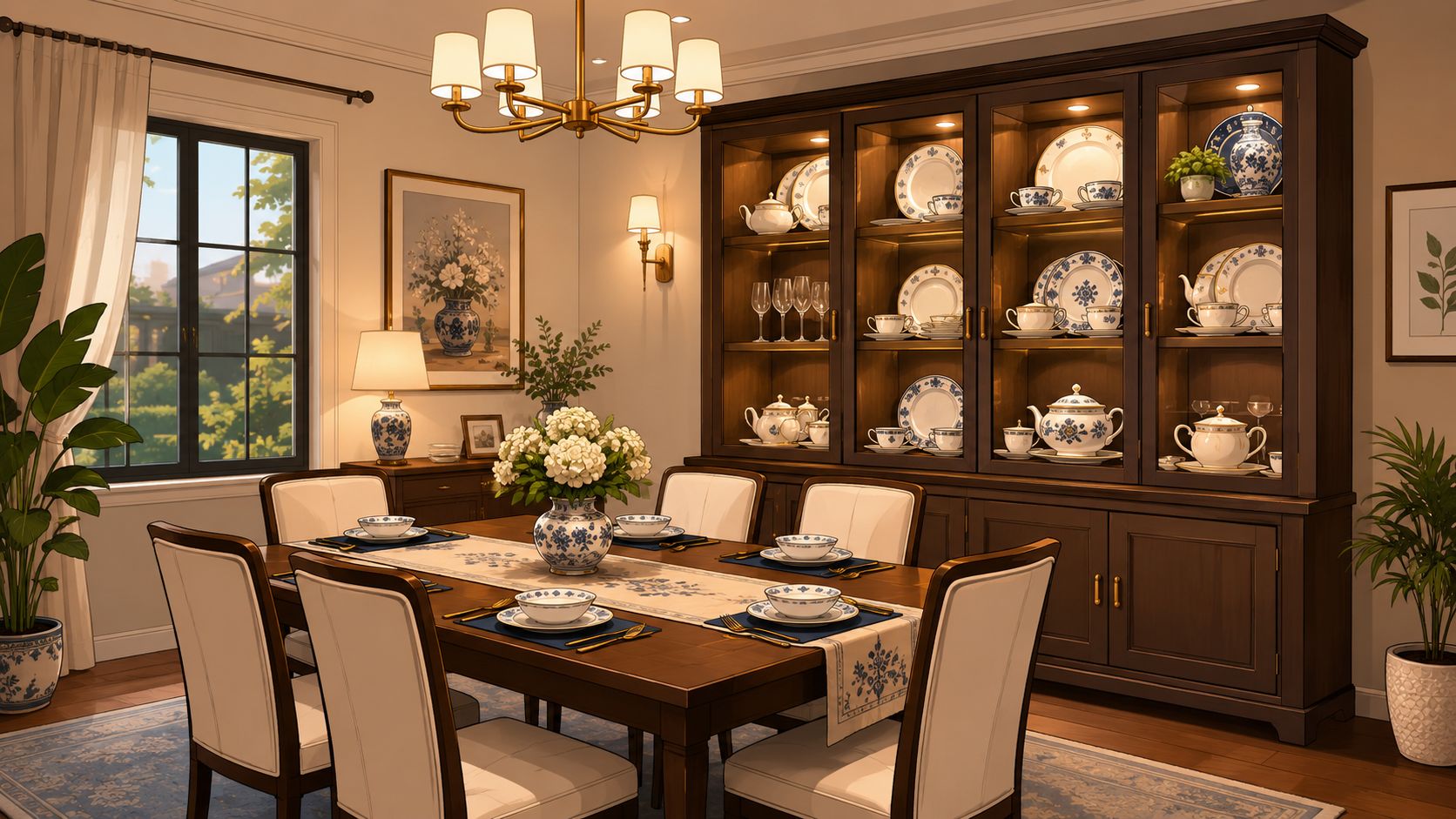 A sophisticated dining room featuring a wooden table, elegant chairs, and a large illuminated china cabinet.