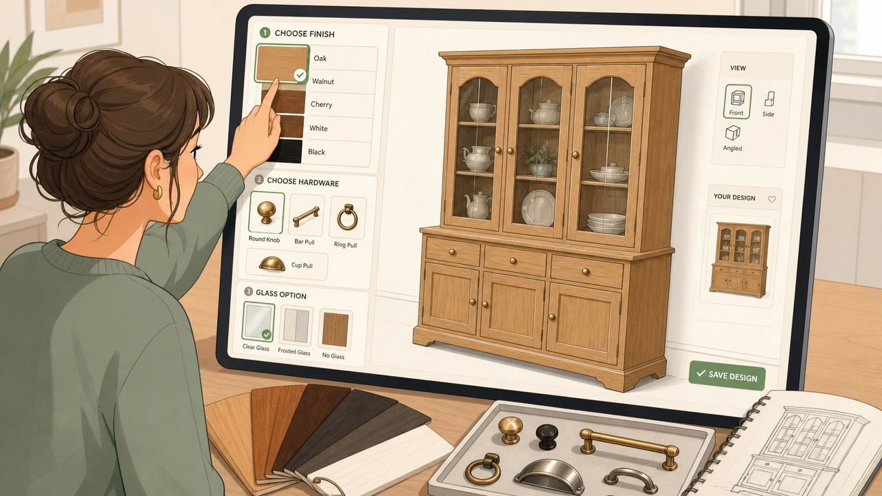 A woman uses a custom furniture design website on a large tablet to customize a wooden china cabinet.