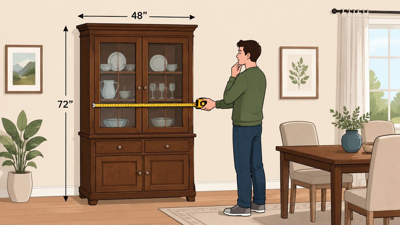A man measuring a wooden china cabinet in a dining room using a yellow tape measure.