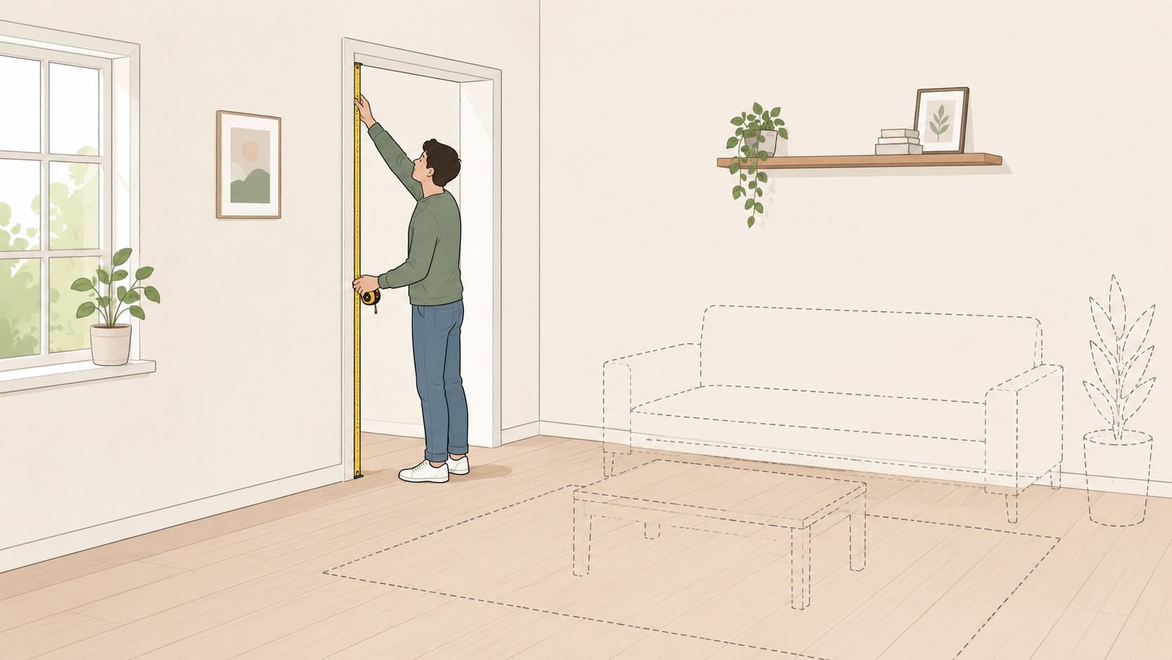 A man measuring a doorway in a living room while planning for new furniture placement.