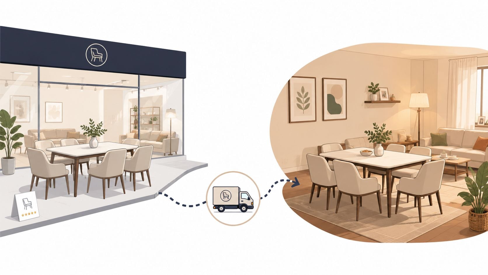 An illustration showing furniture being delivered from a showroom to a cozy residential living room interior.