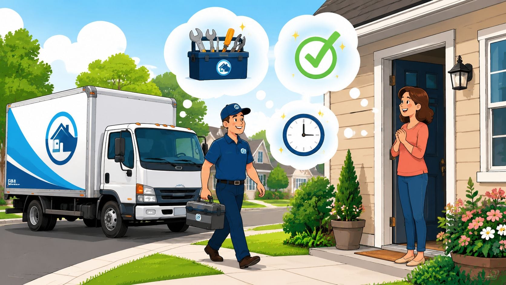 A professional service technician arriving at a home with a truck to provide delivery and assembly services.