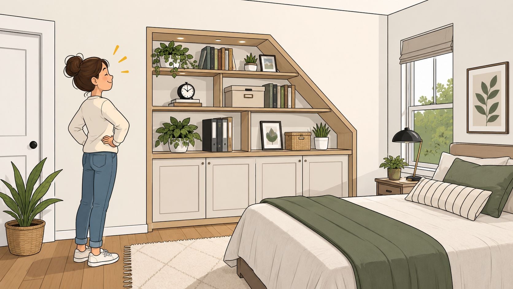 A happy woman stands in a cozy, modern bedroom decorated with indoor plants and built-in wooden shelving.
