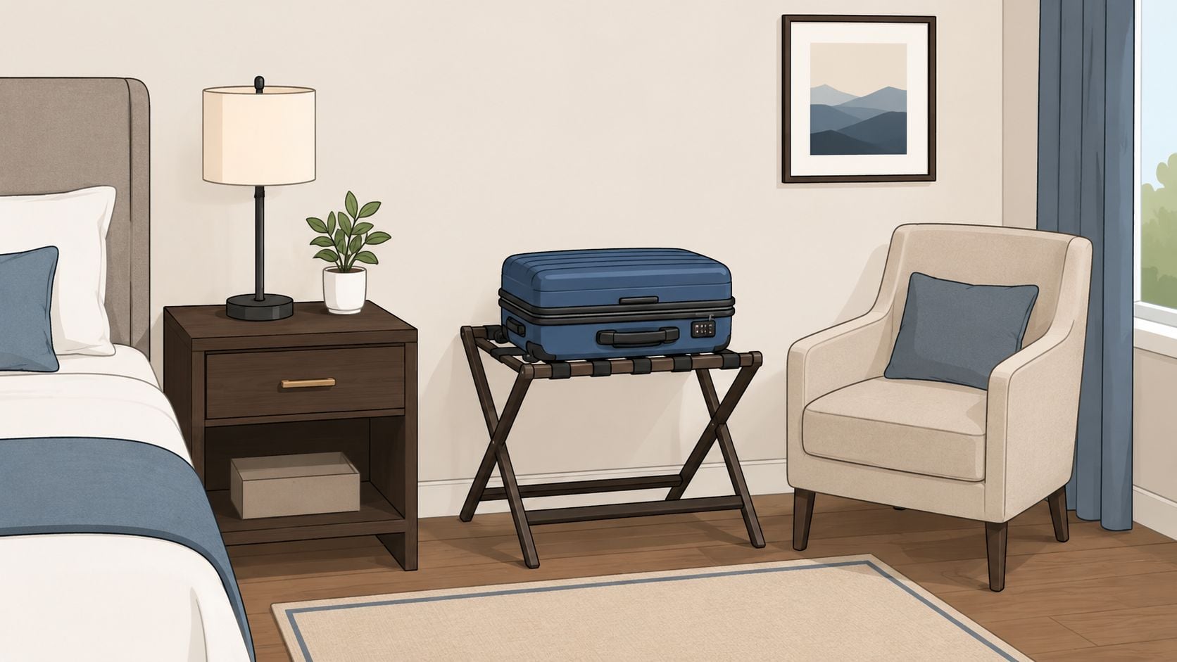 A minimalist guest bedroom featuring a bed, a bedside table with a lamp, luggage, and an armchair.