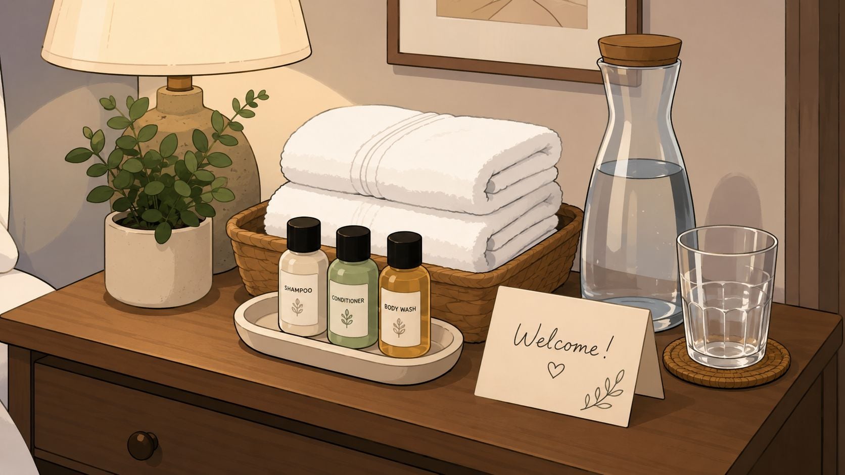 A cozy bedside table featuring fresh towels, toiletries, a water carafe, and a welcome note.