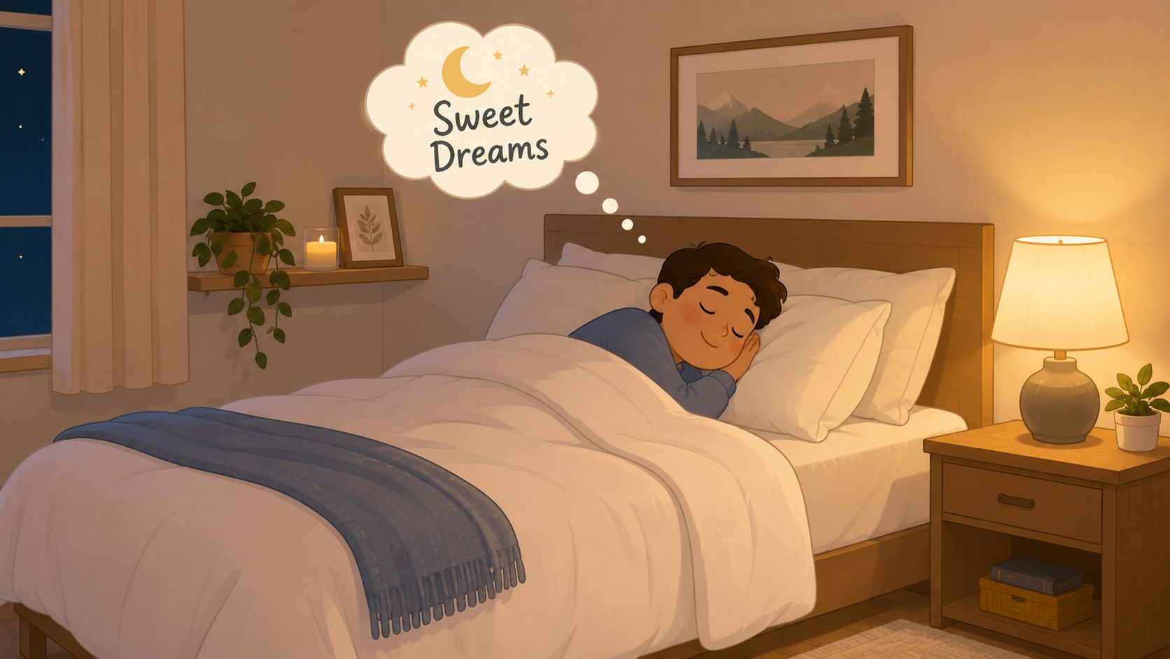 A peaceful illustration of a young boy sleeping comfortably in a cozy bed with a warm lamp.