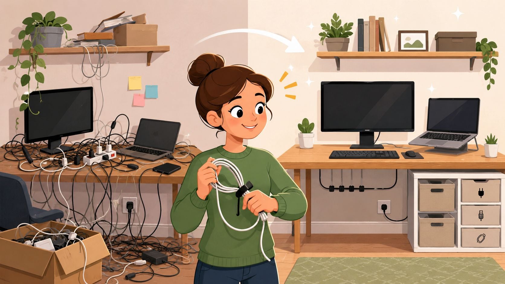 A woman organizing messy electrical cables in her home office desk for two workspace setup.