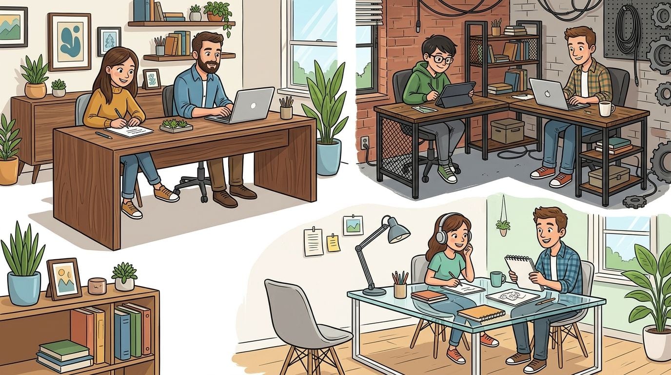 Three different illustrations showing couples and friends working together at various styles of home office desks.