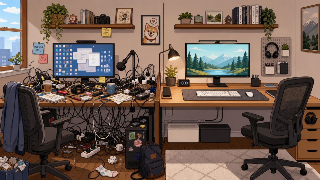 A split-screen illustration contrasting a cluttered, messy home office desk with a clean, organized workspace.