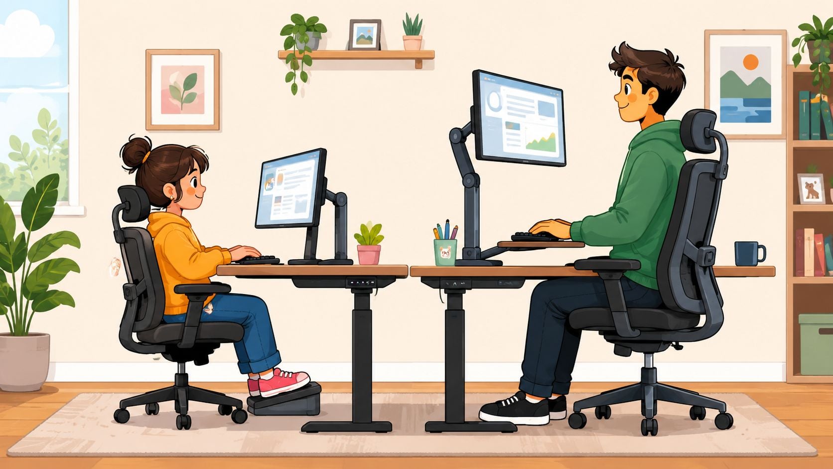 A young girl and a man working side by side at ergonomic standing desks in a home office.