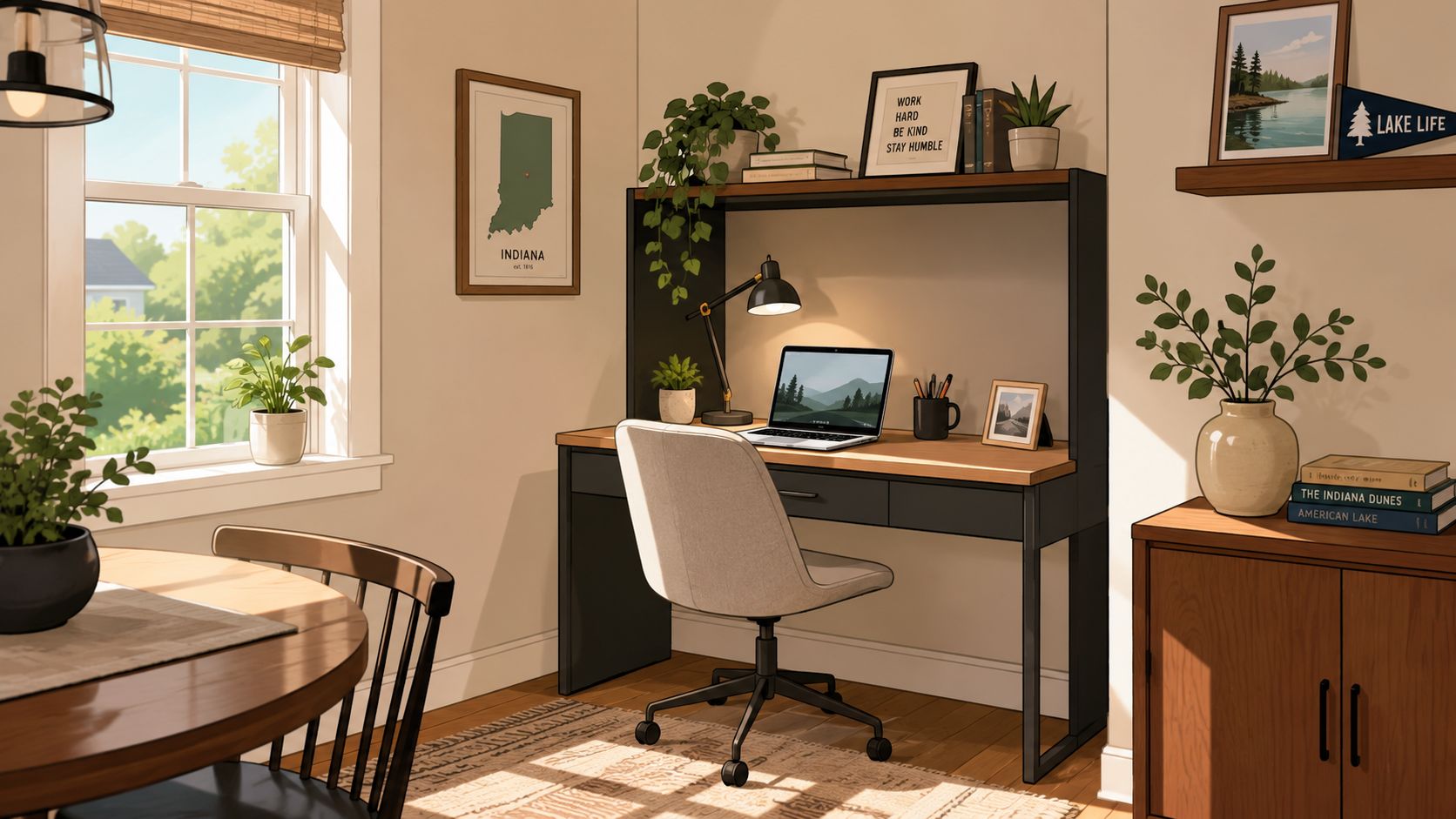 A cozy home office corner featuring a desk, a laptop, and natural light in a small room.