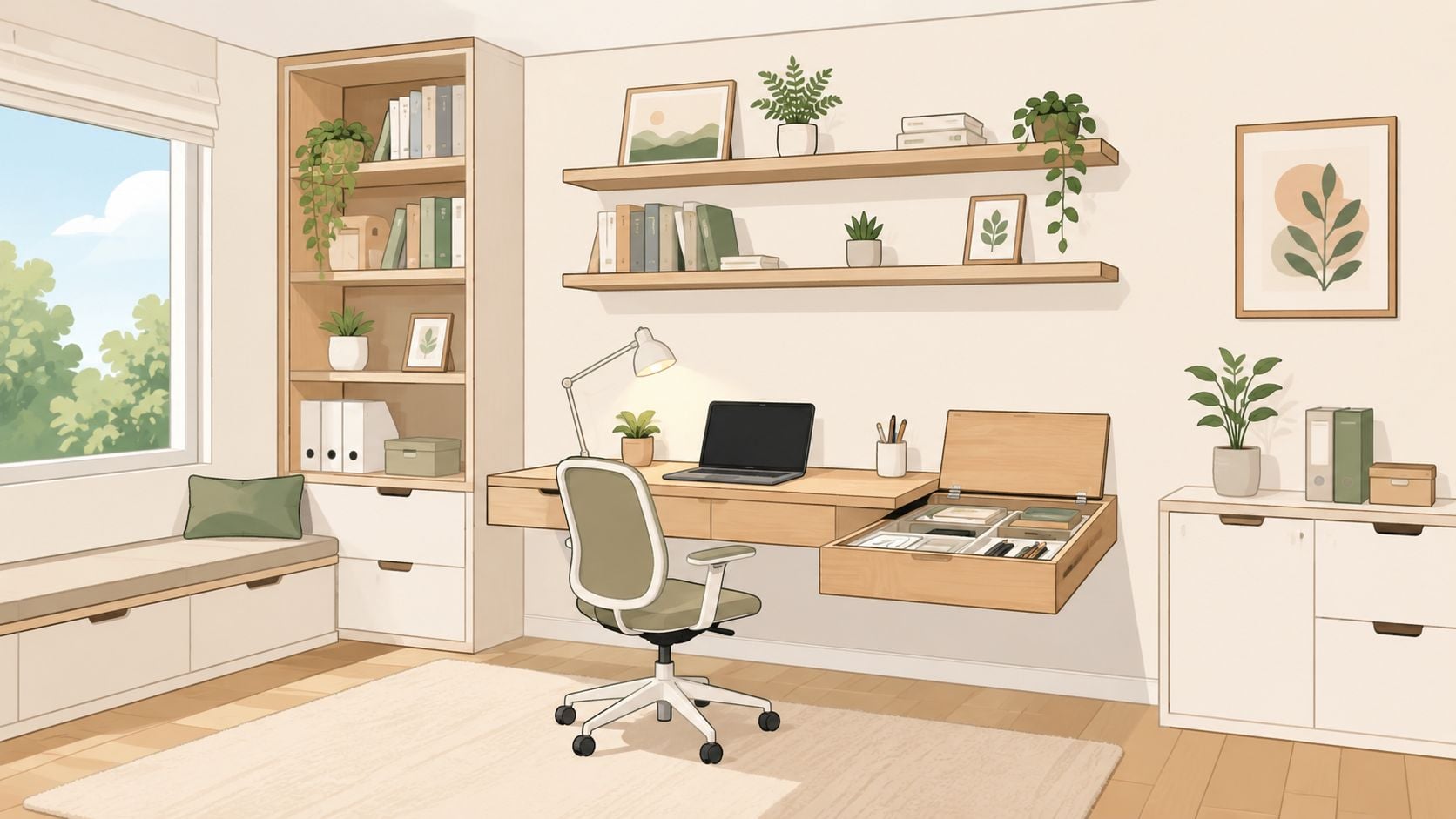 An organized home office featuring modern furniture, a wall-mounted desk, bookshelf, and cozy window seating area.