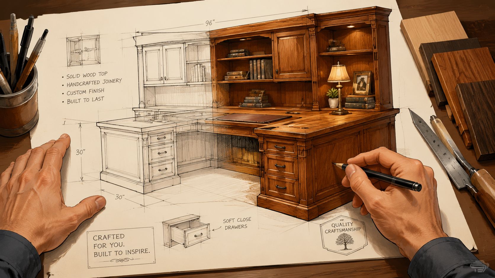 An artist drawing a luxury wooden L-shaped home office desk with hutch on a large architectural blueprint.