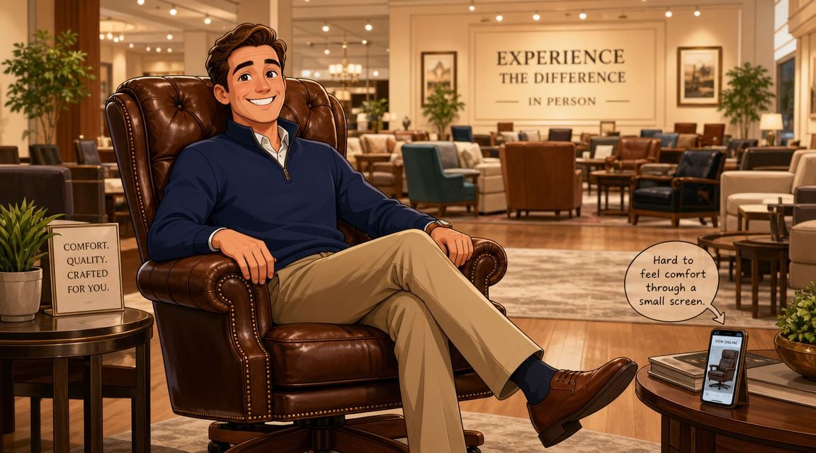 A man smiling while sitting in a luxurious leather chair in a high-end furniture showroom setting.
