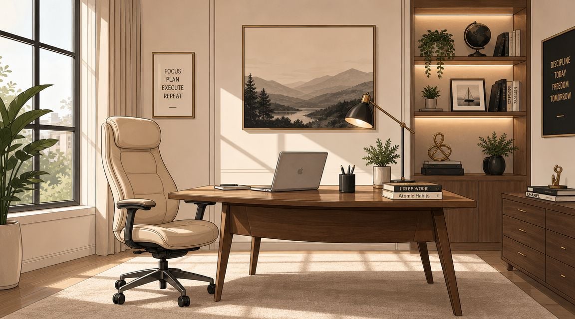 A luxurious home office featuring a modern wooden desk, ergonomic chair, and elegant shelf decor in sunlight.