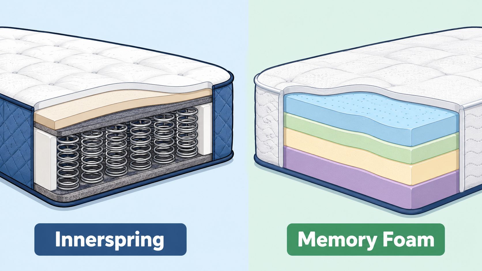 A split image comparing the internal layer construction of an innerspring mattress and a memory foam mattress.