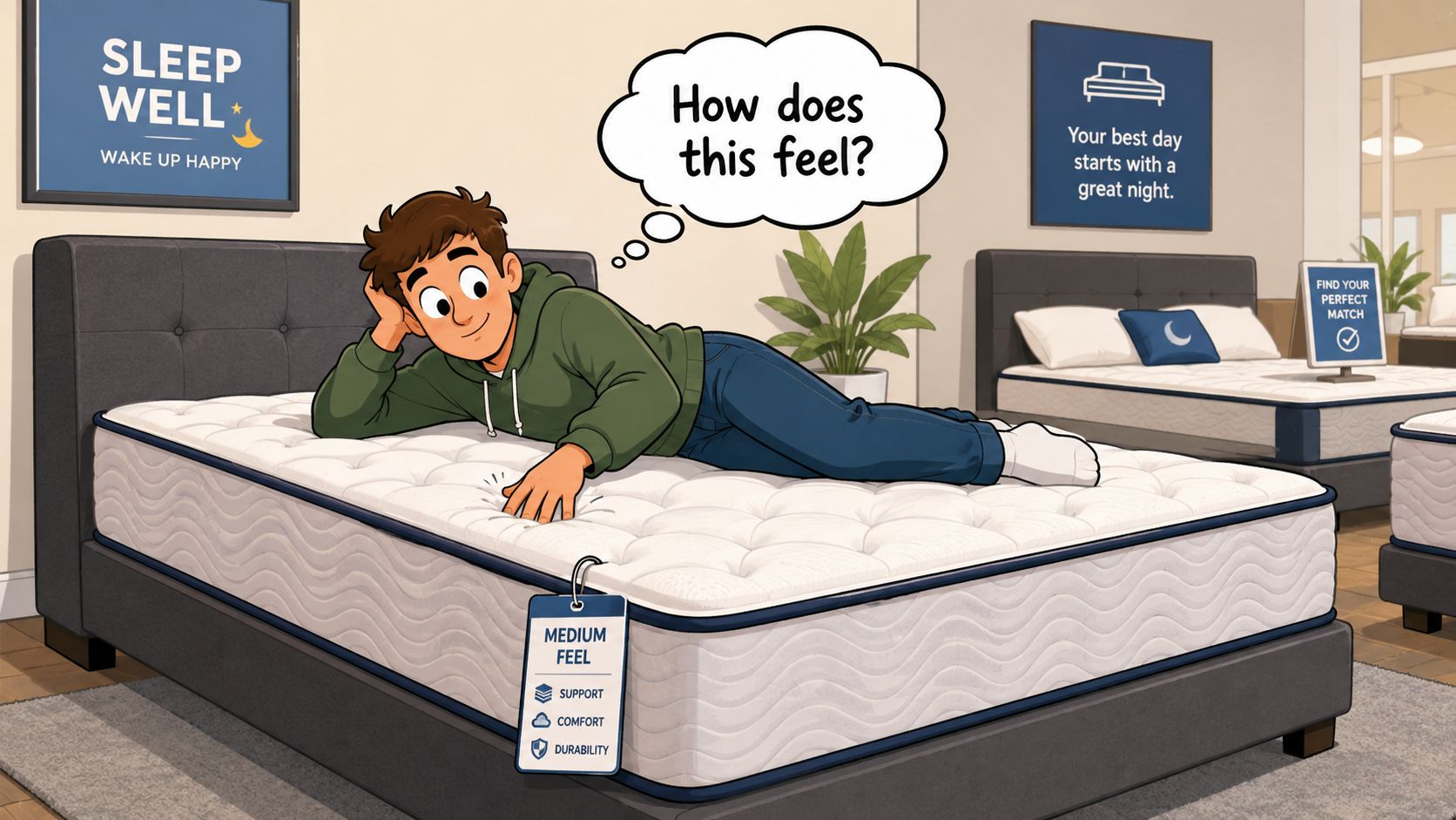 A cartoon man testing a medium feel mattress in a bedroom furniture store.