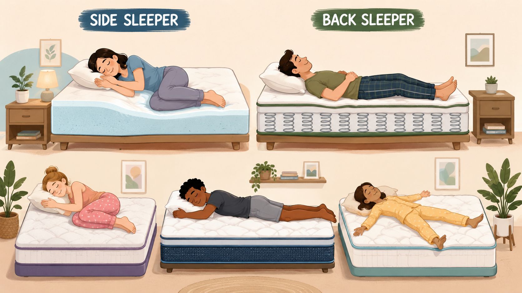 A diagram illustrating different sleeping positions, including side and back sleepers on memory foam and innerspring mattresses.