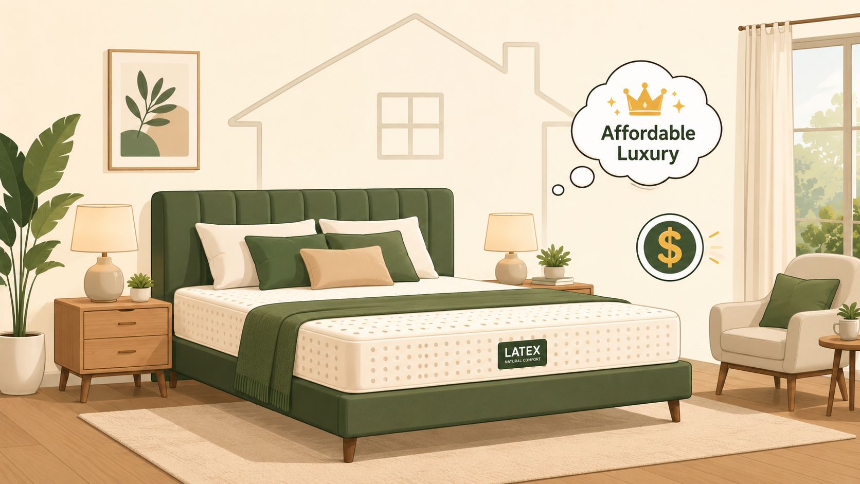 A luxurious latex mattress in a cozy modern bedroom with a green bed frame and minimalist decor.