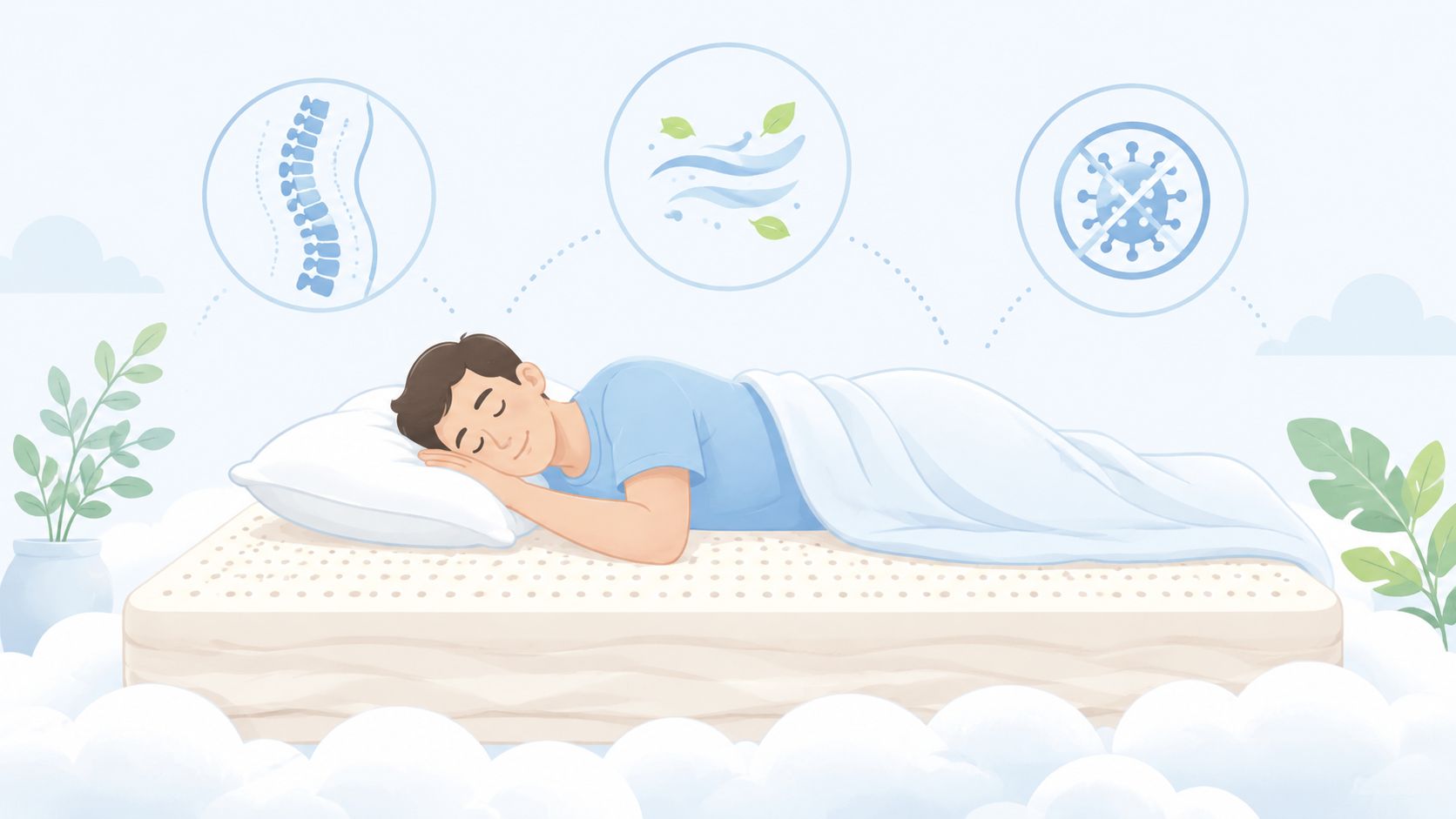 A peaceful person sleeping on a latex mattress with icons showing spine alignment, breathability, and antibacterial properties.