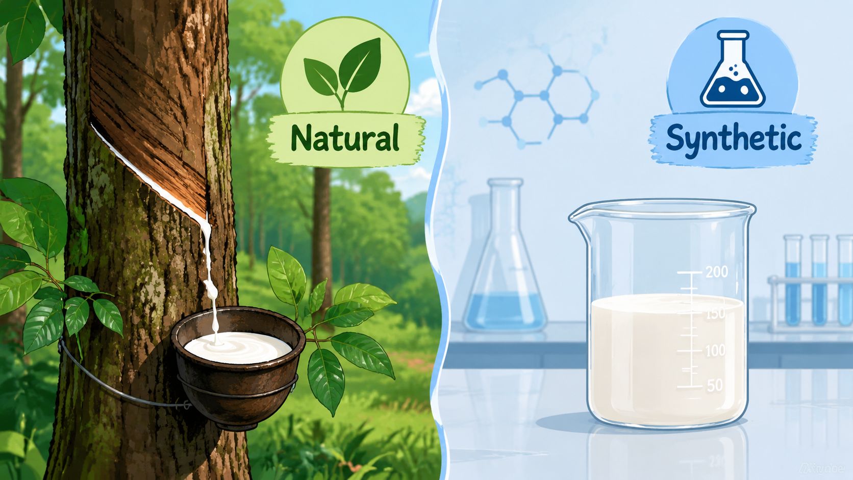 A split illustration comparing natural rubber extracted from trees with synthetic rubber produced in a laboratory setting.