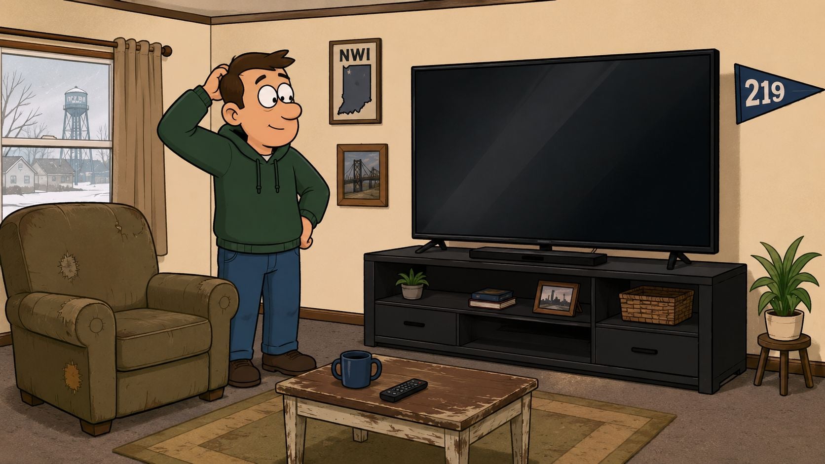 A cartoon man standing in a living room next to a television mounted on a media console.