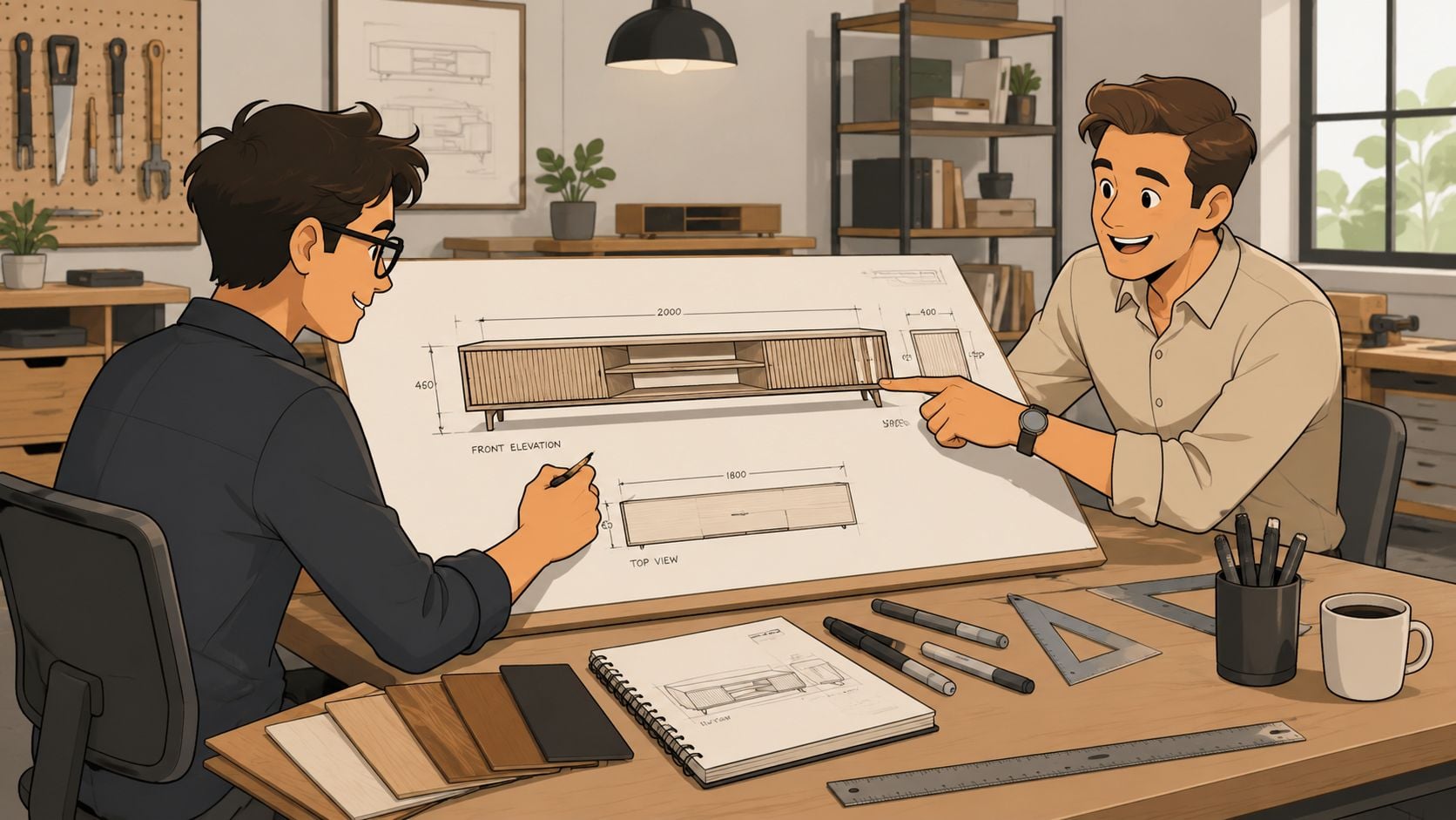 Two furniture designers discussing technical blueprints of a modern wooden media console in a professional workshop setting.